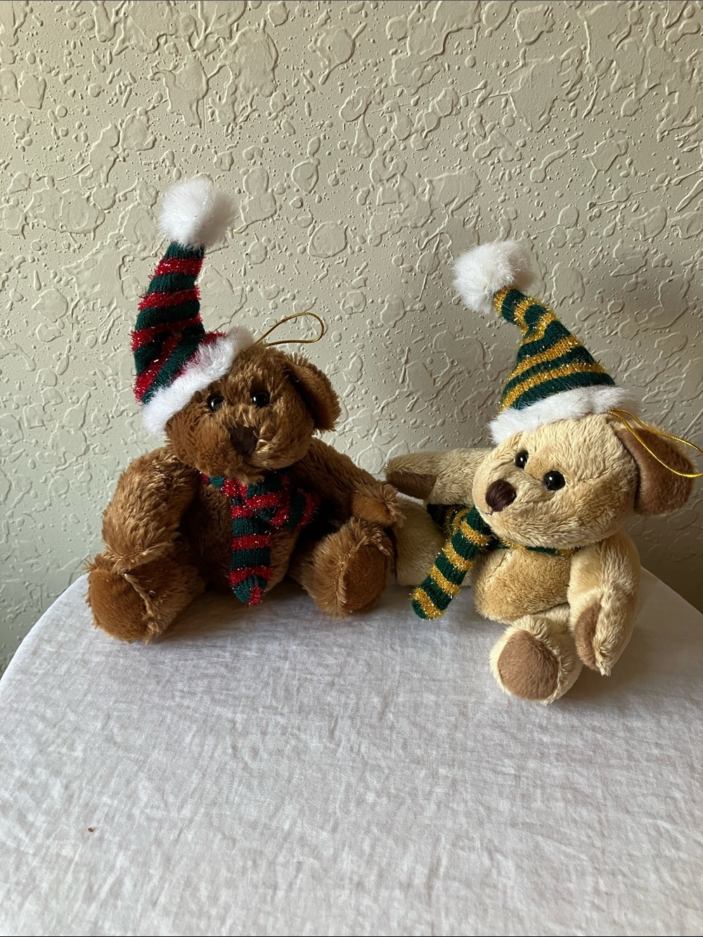 Chrisha: 2005 Plush Bear Ornaments- Striped Holiday Hats- set of 2